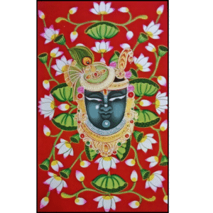 Shrinathji Pichwai Painting with Red Lotus Background Handmade in Udaipur