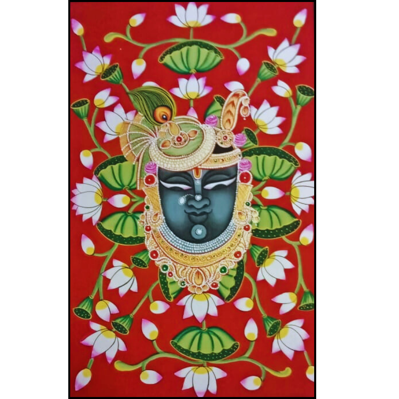 Shrinathji Pichwai Painting with Red Lotus Background Handmade in Udaipur