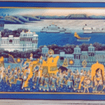 Mewar royal procession miniature painting with Udaipur palace and lake scene