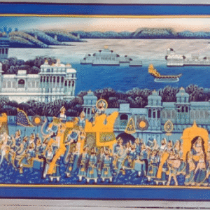 Mewar royal procession miniature painting with Udaipur palace and lake scene