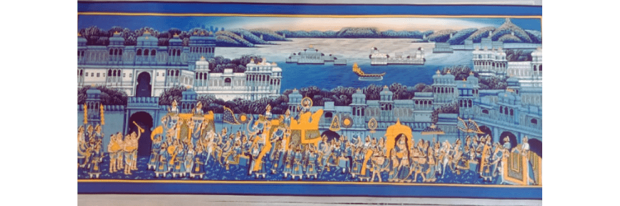 Mewar royal procession miniature painting with Udaipur palace and lake scene