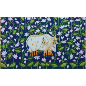 Shrinathji Pichwai Painting – Handmade Lord Krishna with Cows on Red Background