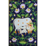 Handmade Pichwai painting of cow and calf surrounded by lotus flowers – traditional Indian art from Udaipur