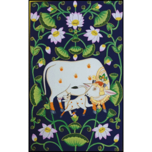 Handmade Pichwai painting of cow and calf surrounded by lotus flowers – traditional Indian art from Udaipur