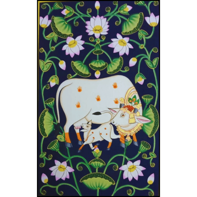 Handmade Pichwai painting of cow and calf surrounded by lotus flowers – traditional Indian art from Udaipur