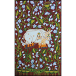 Handpainted Pichwai cow painting featuring two decorated cows surrounded by white lotus flowers on a red background – traditional Indian Nathdwara art