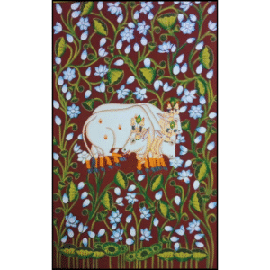 Handpainted Pichwai cow painting featuring two decorated cows surrounded by white lotus flowers on a red background – traditional Indian Nathdwara art