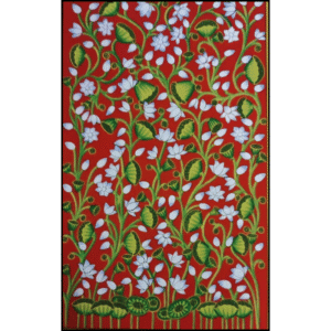 Handmade Pichwai painting with white lotus flowers and green leaves on a red background – traditional Indian art