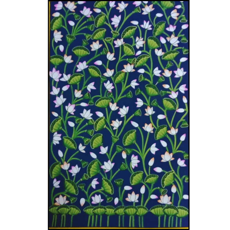 Lotus Bloom Floral Pichwai Painting on Blue Background – Handmade Indian Art