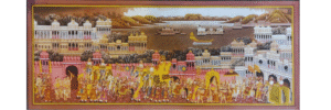 Brown and gold royal procession Rajasthan miniature art painting