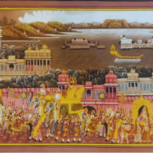Brown and gold royal procession Rajasthan miniature art painting