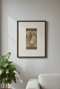 Miniature King and Queen Painting: Romantic Mughal Art on Old Paper with frame