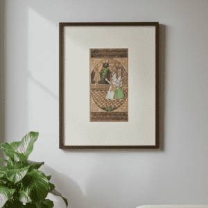 Miniature King and Queen Painting: Romantic Mughal Art on Old Paper with frame