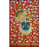 Traditional handmade Shrinathji Pichwai painting featuring the divine face of Lord Shrinathji surrounded by white lotus flowers on a red background – Nathdwara art