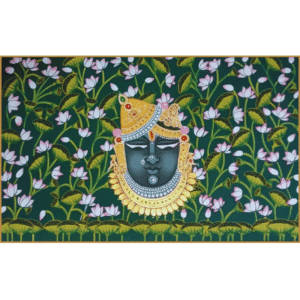 Shrinathji Pichwai Painting – Handmade Lord Krishna with Lotus Flowers on Green Background