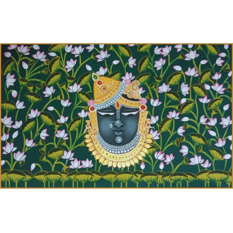 Shrinathji Pichwai Painting – Handmade Lord Krishna with Lotus Flowers on Green Background