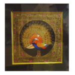 Handmade peacock miniature art on black background in Rajasthan miniature style