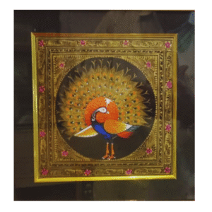 Handmade peacock miniature art on black background in Rajasthan miniature style