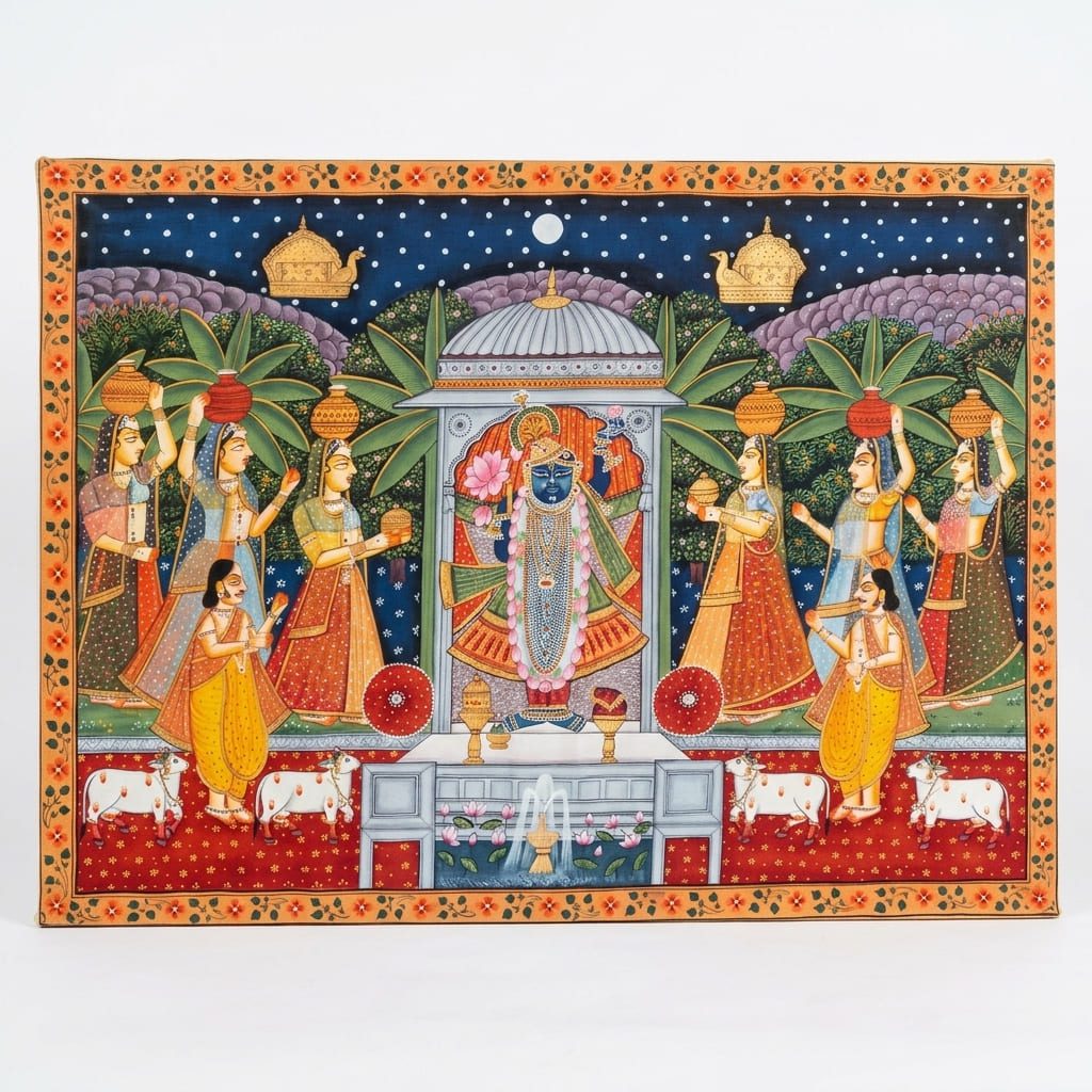 Shrinathji Under Moonlit Pavilion – Traditional Handmade Pichwai Painting