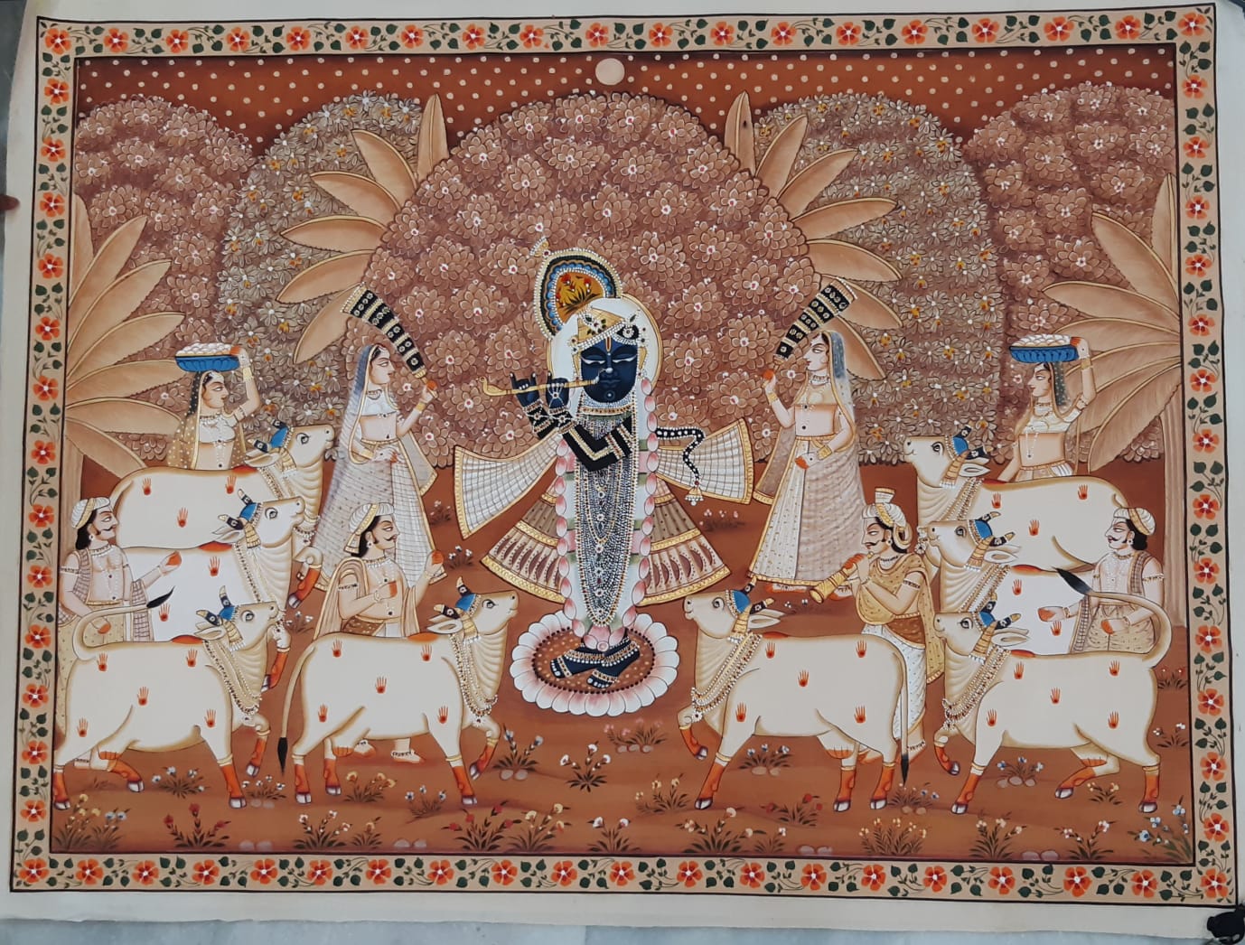 Shrinathji with Flute & Gau Seva – Traditional Handmade Pichwai Painting