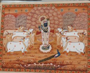 Shrinathji with Sacred Cows & Kadamba Tree – Handmade Pichwai Painting