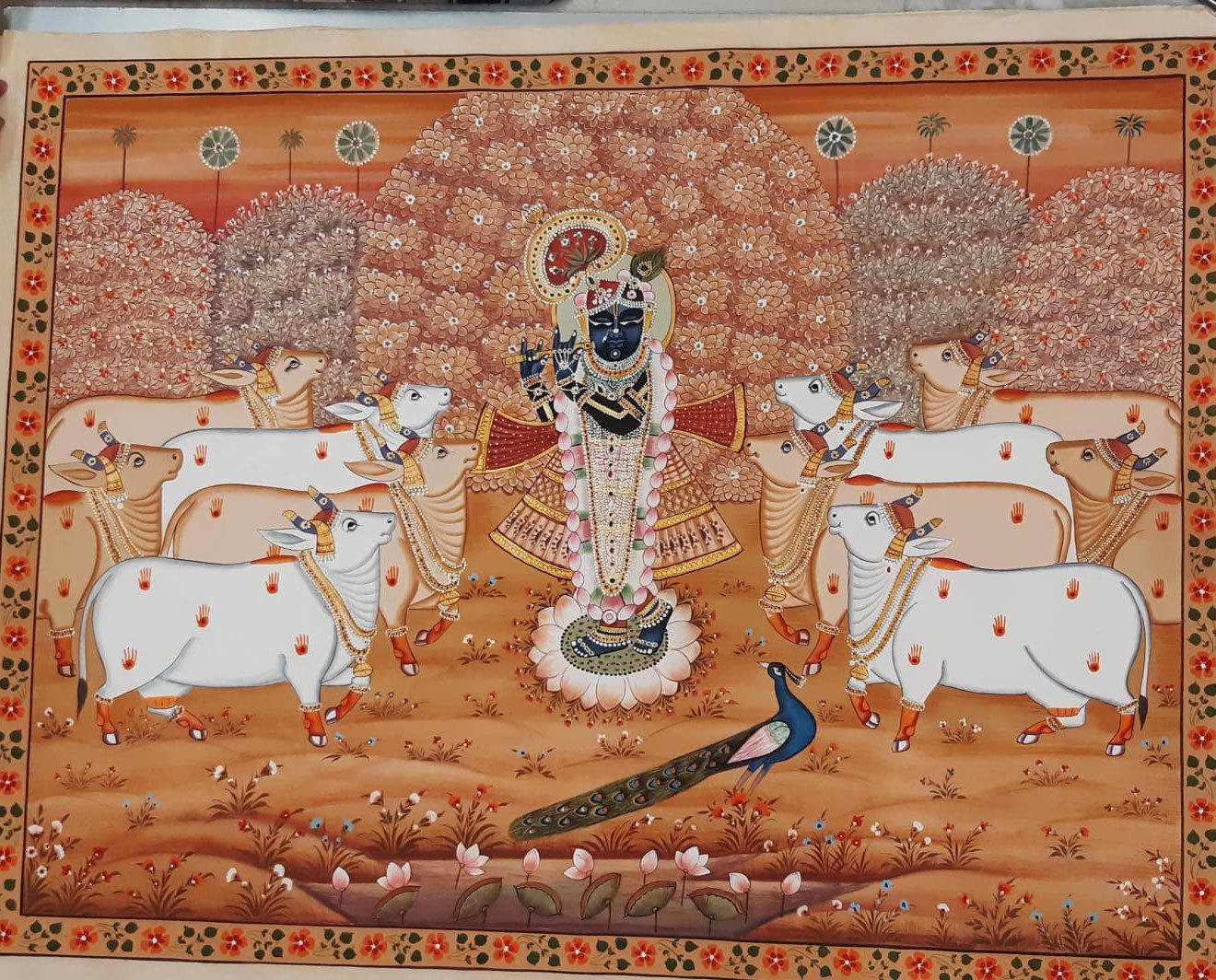 Shrinathji with Sacred Cows & Kadamba Tree – Handmade Pichwai Painting