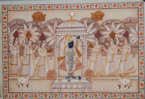 Shrinathji Darshan with Devotee Gopis – Accented Pichwai Painting