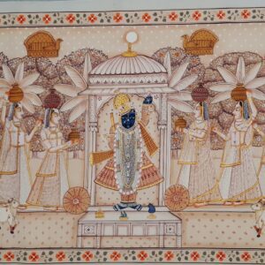 Shrinathji Darshan with Devotee Gopis – Accented Pichwai Painting