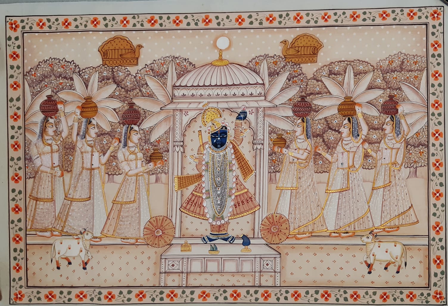 Shrinathji Darshan with Devotee Gopis – Accented Pichwai Painting