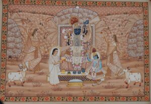 Shrinathji Seva Darshan with Devotees – Handmade Pichwai in Soft Earthy Tones