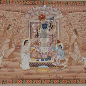 Shrinathji Seva Darshan with Devotees – Handmade Pichwai in Soft Earthy Tones